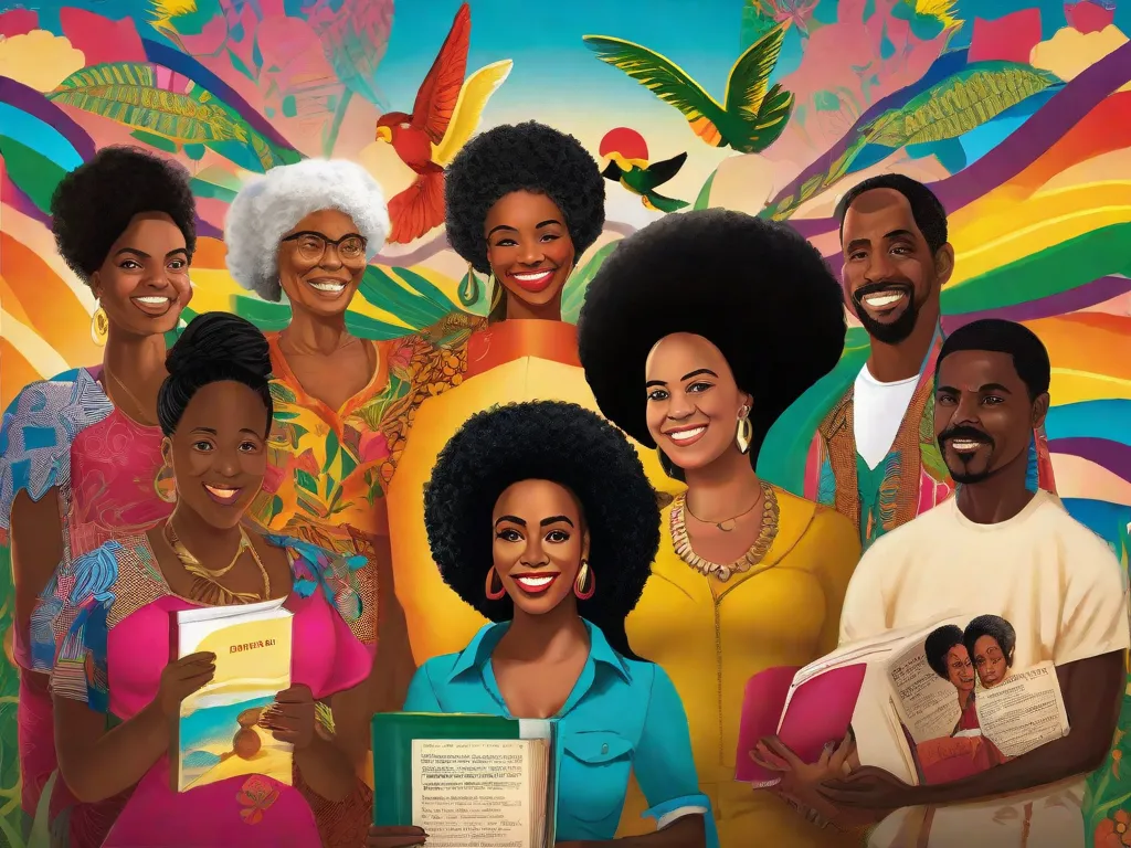 Descrição da imagem:
Uma imagem vibrante e poderosa que representa a importância de Conceição Evaristo na literatura afro-brasileira. A imagem mostra um grupo diversificado de pessoas, cada uma segurando um livro escrito por Evaristo, com expressões de inspiração e empoderamento em seus rostos. Os livros são como asas coloridas, simbolizando a libertação e elevação das vozes afro-bras