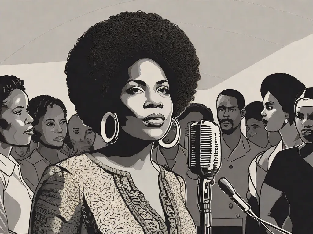 Na imagem, uma mulher com uma presença poderosa fica confiante em frente a um microfone. Suas palavras fluem como poesia, cativando a plateia. A sala está cheia de rostos diversos, cada pessoa ouvindo atentamente, seus olhos refletindo admiração e respeito. Essa imagem simboliza a voz empoderadora de Conceição Evaristo e o impacto da literatura afro
