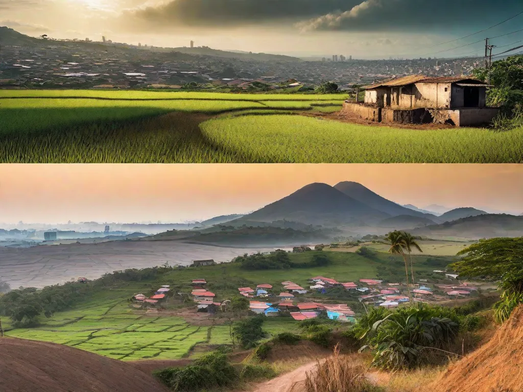 Descrição da imagem: Uma imagem dividida em duas partes, mostrando as realidades contrastantes do Brasil rural e urbano. No lado esquerdo, uma paisagem árida com campos secos e uma humilde casa de adobe representa as duras condições da vida rural. No lado direito, uma paisagem urbana movimentada, com arranha-céus e ruas movimentadas, simboliza o contraste do desenvolvimento urbano