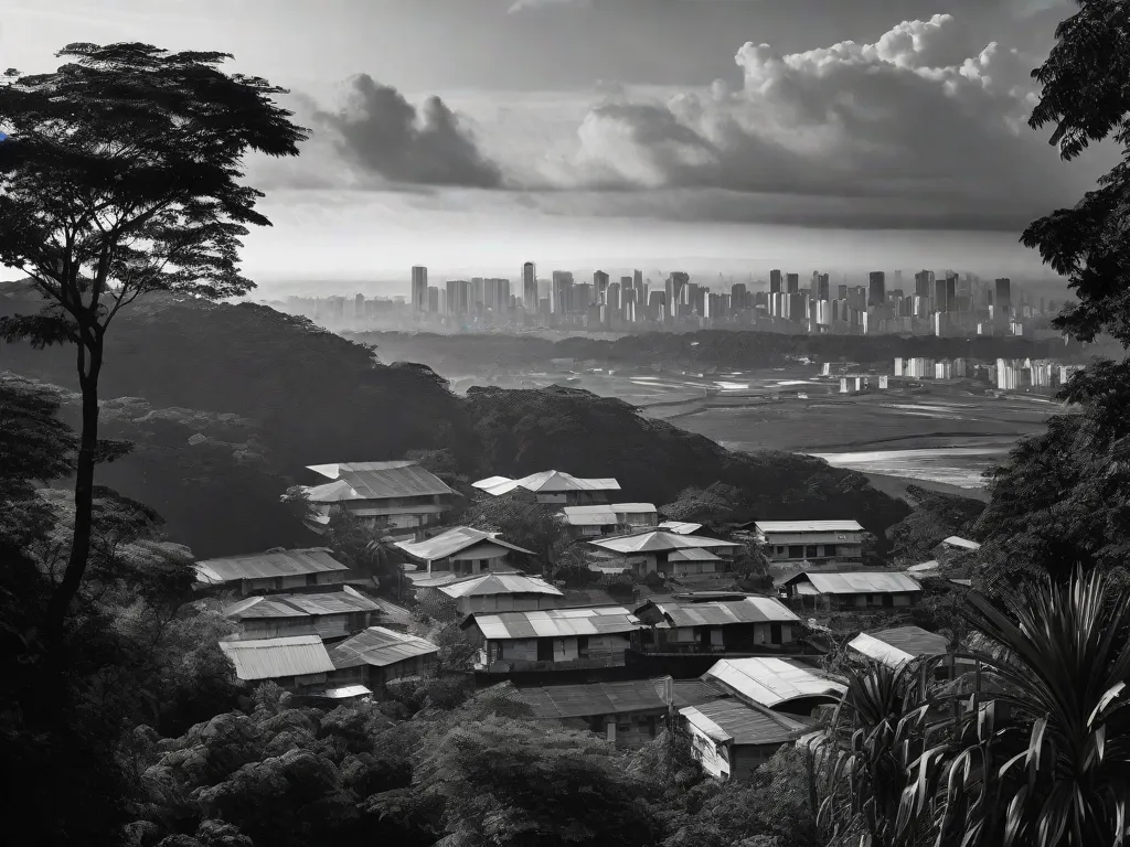 Uma fotografia em preto e branco captura o contraste marcante entre a agitada paisagem urbana de São Paulo e a serena paisagem rural da Floresta Amazônica. A imagem destaca a coexistência entre o desenvolvimento urbano moderno e a beleza natural intocada, refletindo as contradições exploradas em