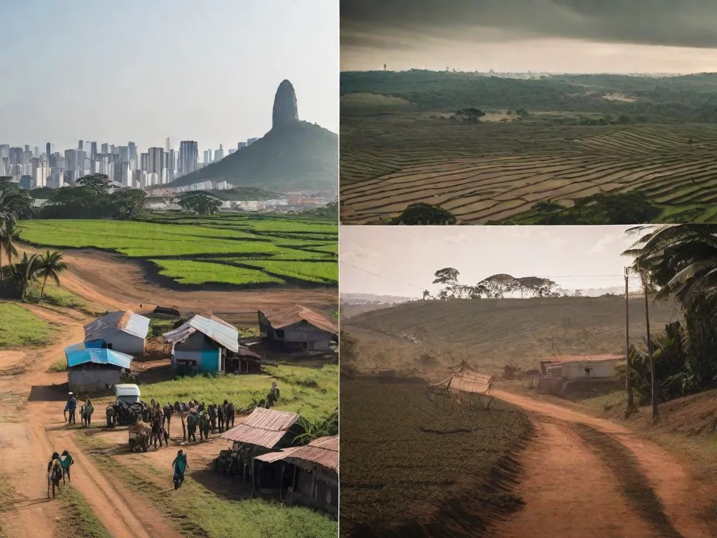 Descrição da imagem: Uma imagem de tela dividida mostrando as realidades contrastantes do Brasil rural e urbano. No lado esquerdo, uma paisagem árida com uma pequena casa em estado de deterioração e uma família de agricultores lutando para sobreviver. No lado direito, uma paisagem urbana agitada com prédios altos, ruas lotadas e pessoas envolvidas em várias atividades. A imagem representa