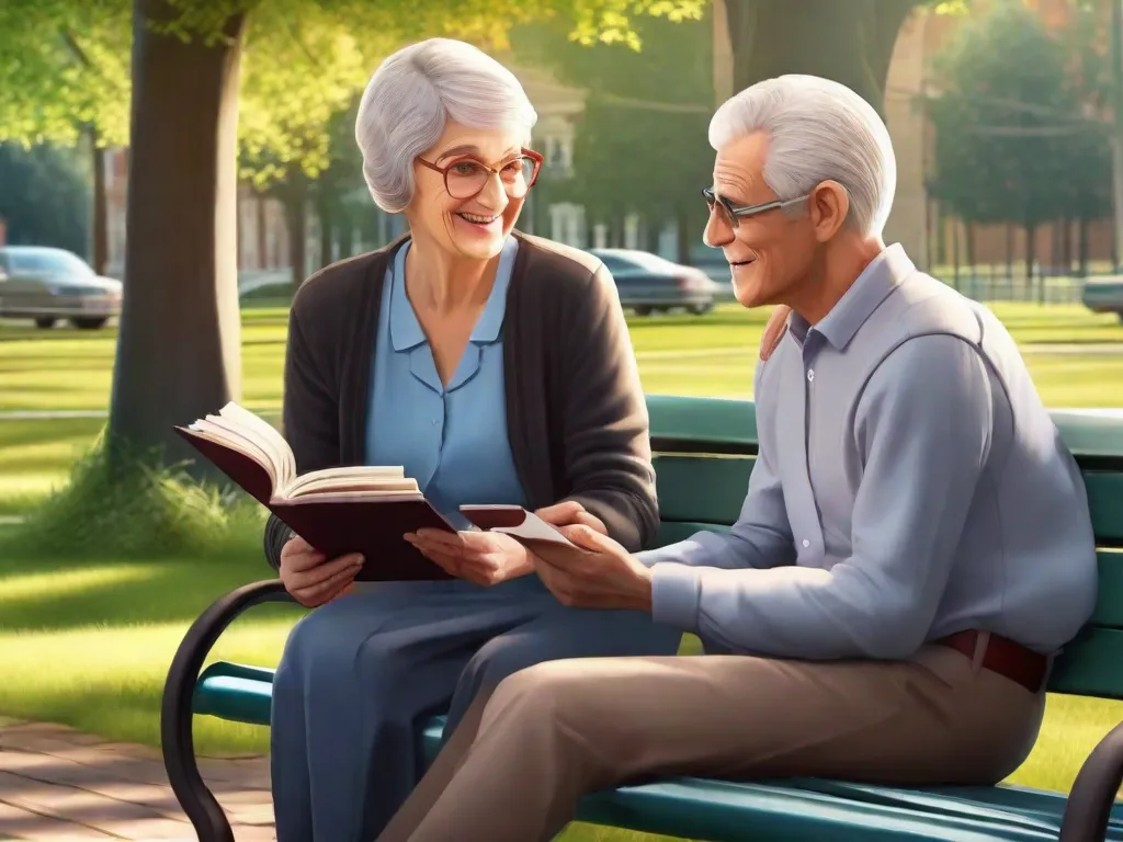 Uma mulher idosa e um jovem sentam lado a lado em um banco de parque, envolvidos em uma conversa. A mulher segura um romance clássico em suas mãos, enquanto o homem segura um tablet exibindo um e-book. Seus gestos animados e sorrisos refletem a bela troca de ideias e conhecimento entre gerações.