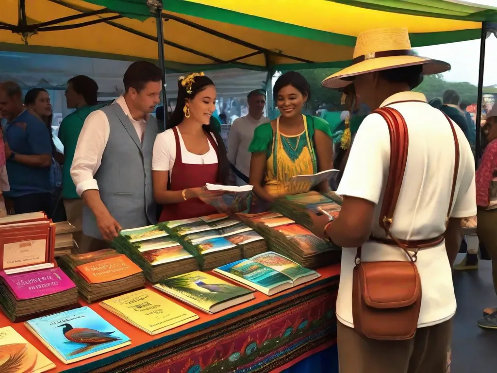 Uma imagem de uma colorida barraca de literatura de cordel em um mercado movimentado, exibindo belos livretos ilustrados com histórias tradicionais e modernas. A vibrante exposição captura a essência do folclore brasileiro, mesclando o antigo e o novo em uma celebração do patrimônio cultural e da inovação artística.