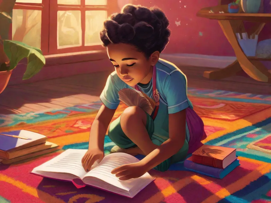 Uma ilustração vibrante de uma estante de livros repleta de livros infantis coloridos, mostrando o poder da literatura na formação de valores e caráter. Cada livro representa uma história diferente, ensinando importantes lições de empatia, coragem, bondade e resiliência. A imagem captura o impacto transformador da literatura infantil nas mentes jovens.