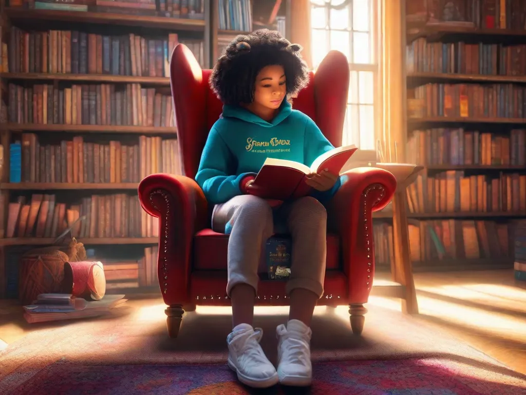 Descrição da imagem: Uma criança pequena está sentada em uma poltrona aconchegante, absorta em um livro. O quarto está cheio de prateleiras alinhadas com livros coloridos de vários gêneros. A luz suave do sol entra pela janela, iluminando o rosto da criança enquanto ela explora o mundo mágico dentro das páginas do livro.