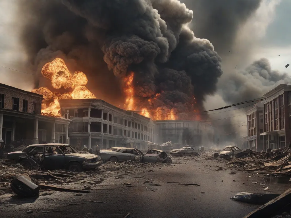Uma imagem dramática captura as consequências destrutivas de um poderoso desastre natural na tela grande. Destroços se espalham pela paisagem, prédios estão em ruínas e fumaça se ergue ameaçadoramente ao longe. A cena reflete o caos e a destruição retratados em filmes que contam histórias de desastres naturais, lembrando-nos do impacto devastador