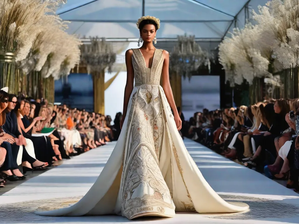 Descrição da imagem: Uma modelo desfila na passarela usando um vestido deslumbrante que apresenta bordados complexos que se assemelham às páginas de um livro. O vestido é adornado com motivos literários, como citações e símbolos, mostrando a fusão entre literatura e moda nas tendências de 2023.