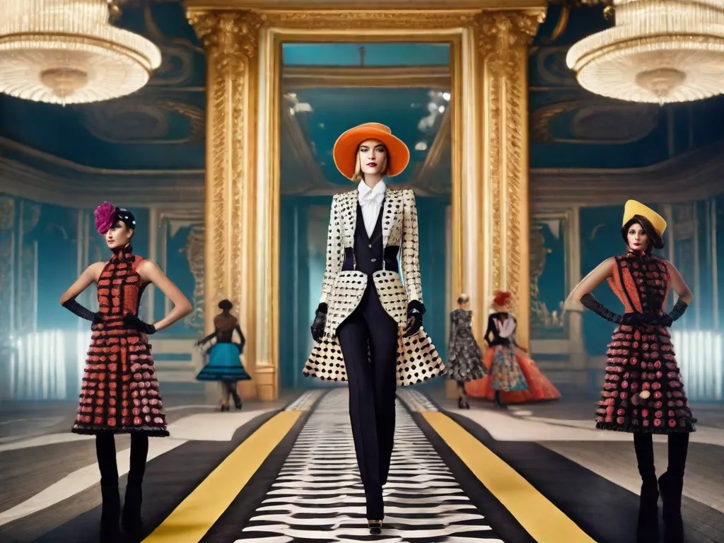 A imagem retrata uma passarela cheia de modelos vestidos com roupas avant-garde inspiradas em obras literárias icônicas. Desde um vestido que lembra as cores vibrantes de