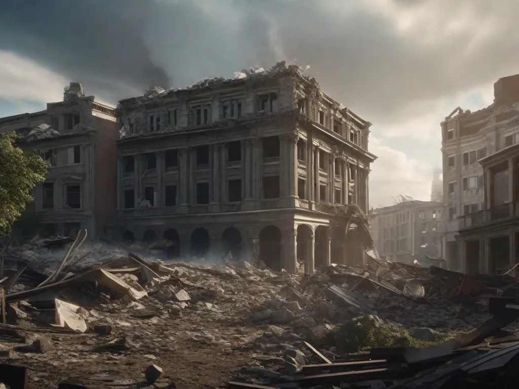 Um pôster de filme representa um céu escuro e ameaçador, com nuvens tempestuosas em turbilhão. Em primeiro plano, uma linha do horizonte da cidade está parcialmente destruída, com prédios em ruínas e destroços espalhados pelas ruas. A imagem captura a intensidade e a devastação de desastres naturais retratados no cinema, evocando uma