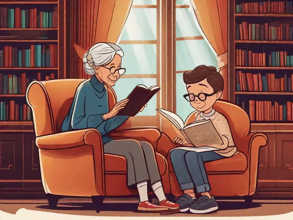 Uma mulher idosa e um jovem sentam lado a lado em um banco de parque, envolvidos em uma conversa. A mulher segura um romance clássico em suas mãos, enquanto o homem segura um tablet exibindo um e-book. Seus gestos animados e sorrisos refletem a bela troca de ideias e conhecimento entre gerações.