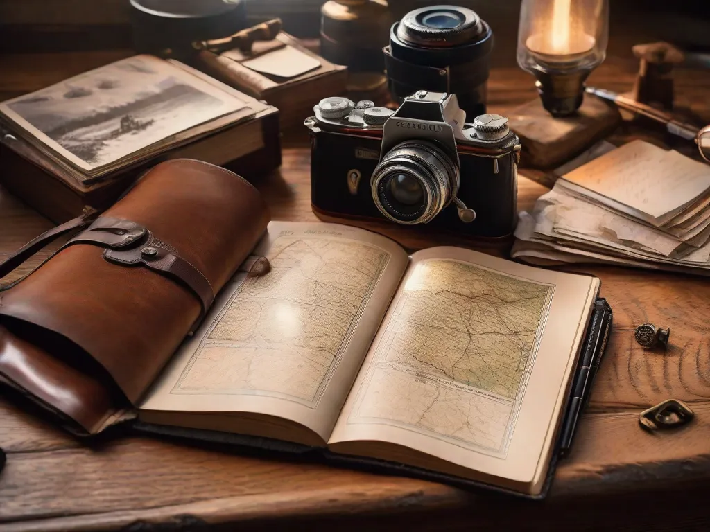 Um diário de couro desgastado repousa aberto sobre uma mesa de madeira, cercado por mapas, cartões-postais e uma câmera antiga. As páginas estão repletas de histórias escritas à mão sobre terras distantes, capturando a essência da aventura e inspirando a criação de obras-primas literárias.