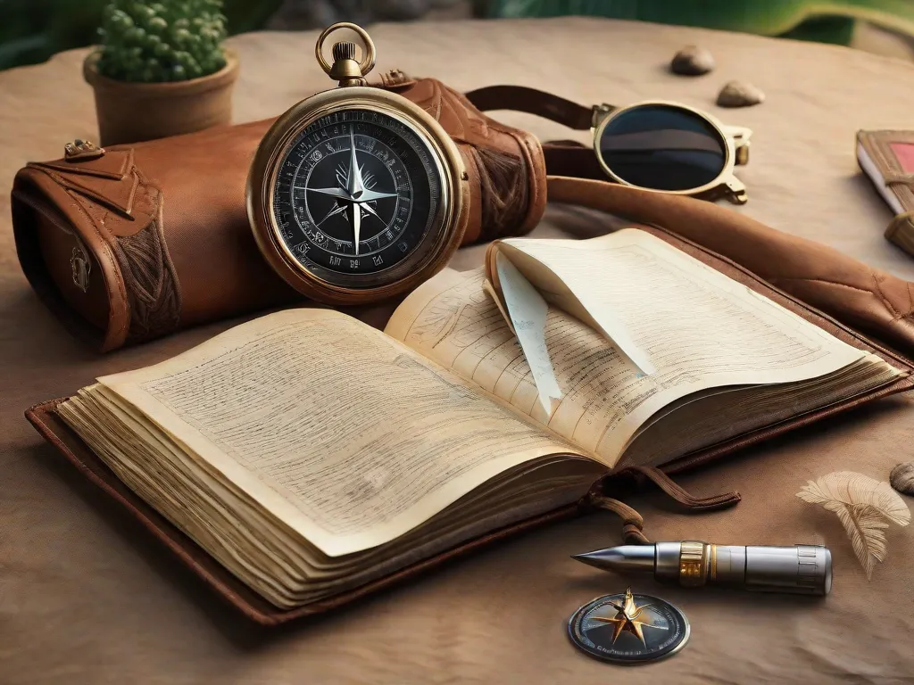 Uma imagem de um caderno de couro desgastado, suas páginas preenchidas com anotações manuscritas e esboços de paisagens exóticas. Uma bússola repousa ao lado, simbolizando o espírito aventureiro da literatura de viagem. A imagem captura a essência de explorar mundos desconhecidos através do poder das palavras.