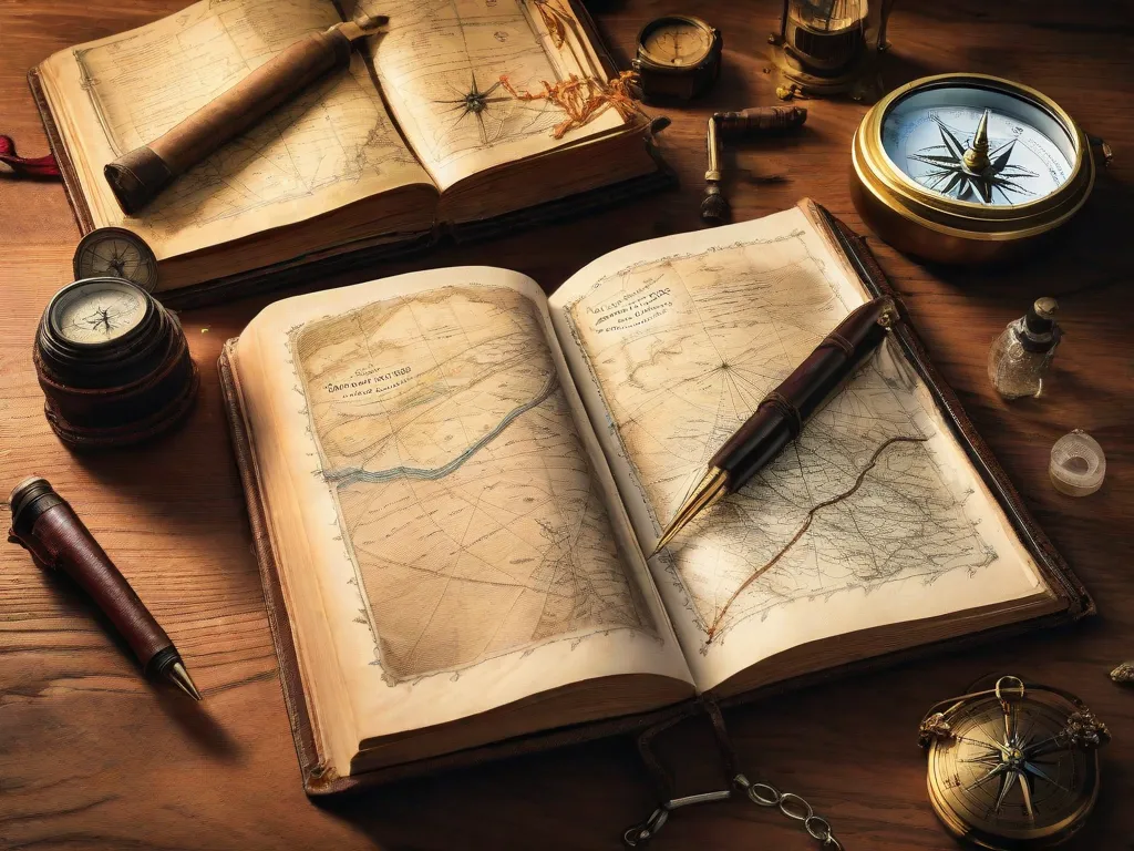 Descrição da imagem: Uma mala de couro desgastada está aberta em cima de uma mesa de madeira, cheia de uma coleção de livros bem viajados. Mapas e cartões-postais estão espalhados ao redor, exibindo diversos destinos. Um globo antigo está próximo, suas cores desbotadas sugerem as inúmeras jornadas que testemunhou. A cena evoca uma sensação de