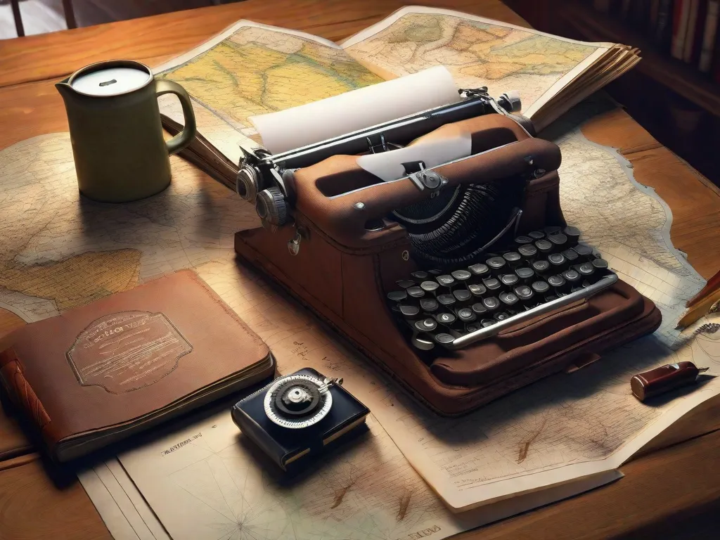 Uma mala de couro desgastada repousa aberta sobre uma mesa de madeira, revelando uma coleção de passaportes desgastados, mapas rasgados e diários escritos à mão, repletos de histórias de aventura. Ao lado, uma máquina de escrever vintage aguarda, pronta para dar vida às jornadas extraordinárias que moldaram a mente dos grandes escritores.
