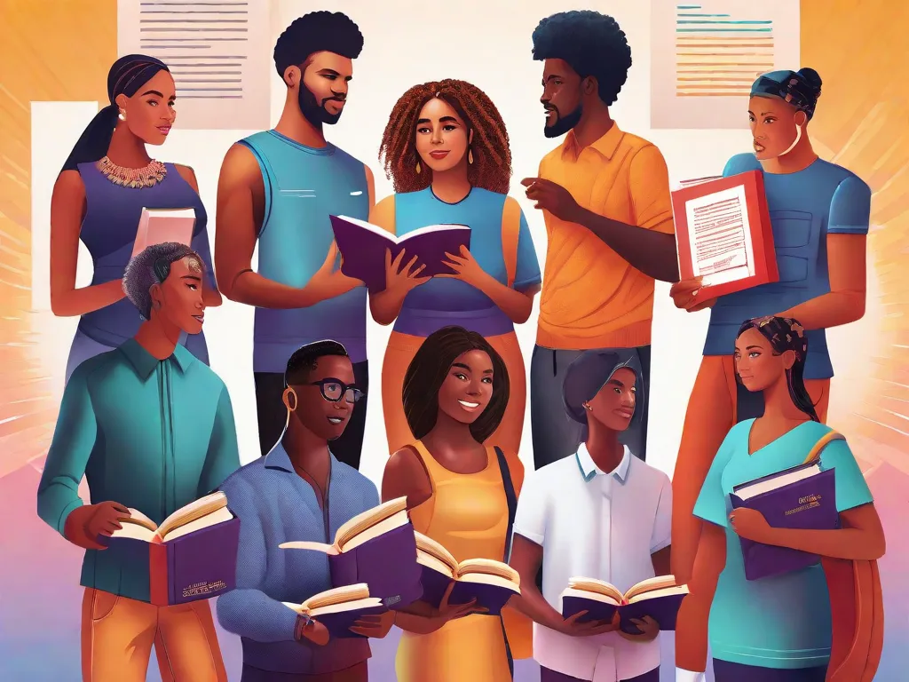 Descrição da imagem: Uma ilustração vibrante retratando um grupo de indivíduos diversos, em pé juntos, segurando livros com títulos que representam várias questões de justiça social. Cada pessoa está envolvida em uma conversa animada, trocando ideias e perspectivas. Os livros irradiam raios de luz, simbolizando o poder transformador da literatura na promoção da just