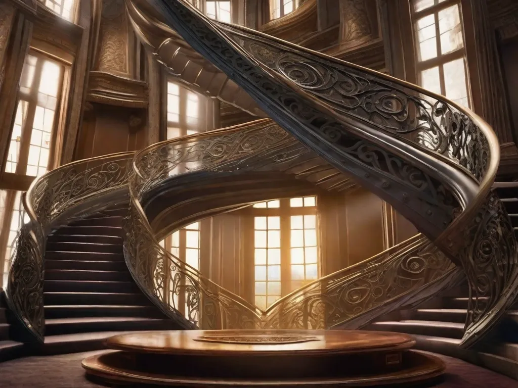 A imagem retrata uma deslumbrante escada em espiral, simbolizando as intricadas camadas de sonhos dentro de sonhos exploradas no filme 'A Origem'. Cada degrau representa um nível diferente de consciência, levando mais profundamente na mente subconsciente. A atmosfera surreal e misteriosa captura a essência da narrativa alucinante do filme.