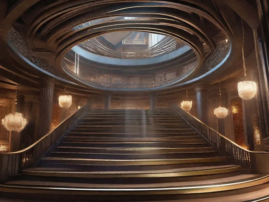 A imagem retrata uma escada semelhante a um labirinto, simbolizando as camadas de sonhos dentro de sonhos no filme 'A Origem'. Cada degrau representa um nível diferente de consciência, levando mais profundamente à mente subconsciente. A imagem captura a complexidade e o fascínio do conceito do filme.