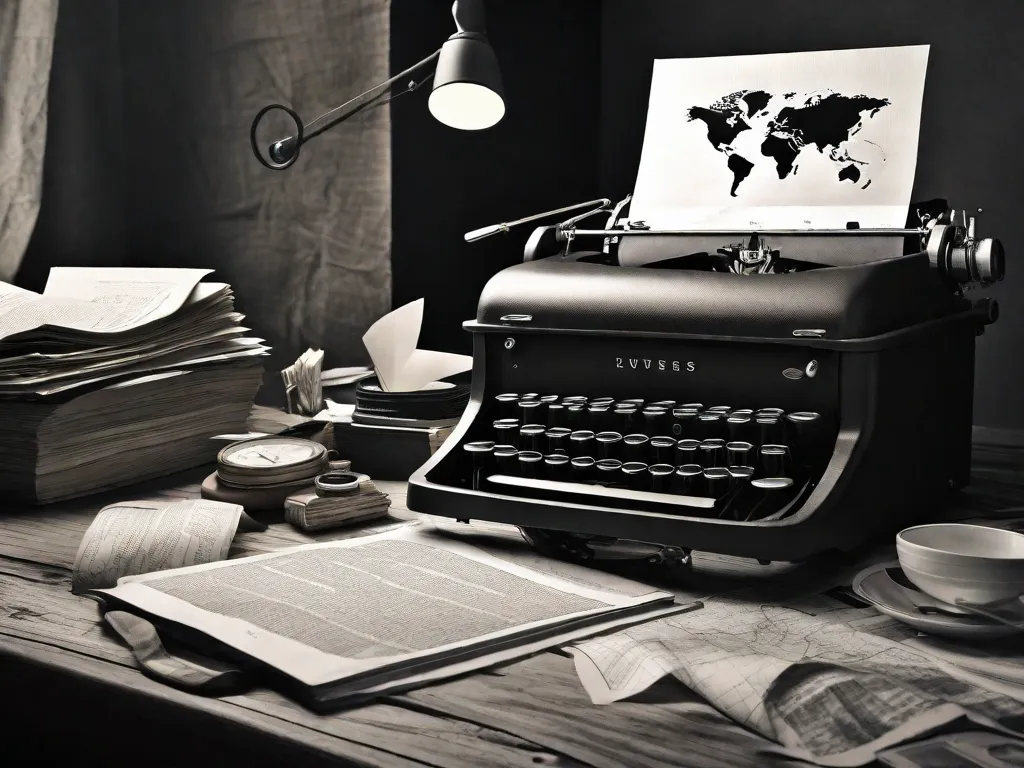 Uma foto em preto e branco de uma máquina de escrever antiga sentada em uma mesa de madeira, cercada por folhas de papel amassadas. A imagem captura a essência da jornada de um escritor, com um mapa do mundo pregado na parede atrás, mostrando como as viagens alimentaram o processo criativo por trás de obras literárias icônicas.