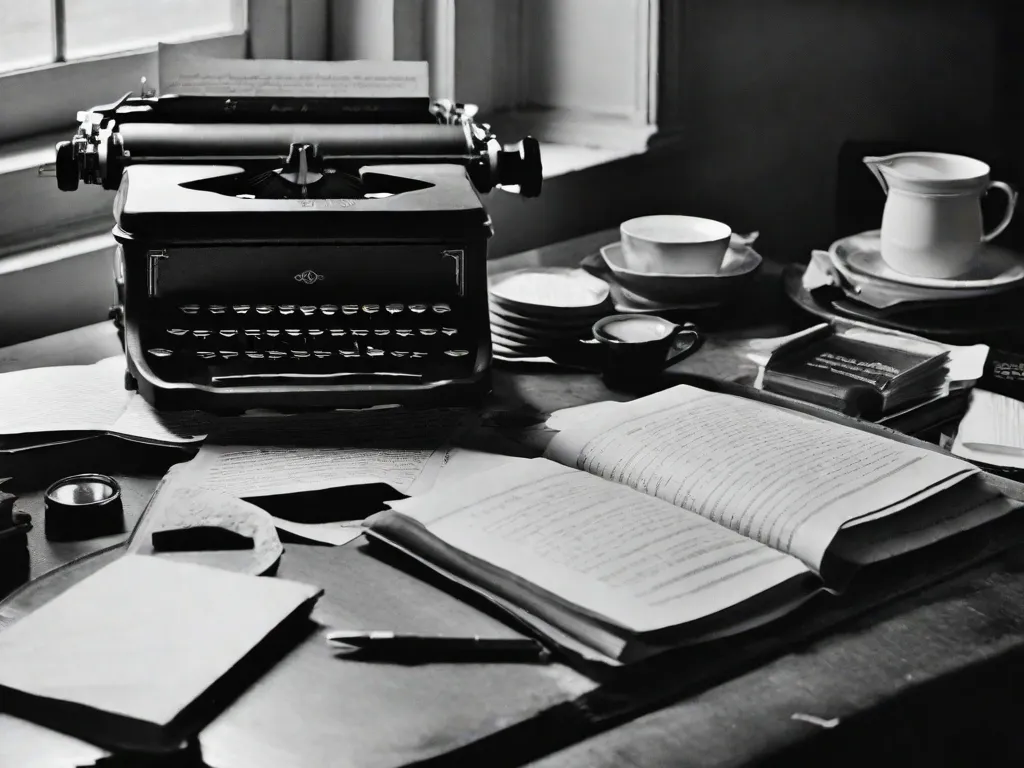 Descrição da imagem: Uma fotografia em preto e branco de uma escrivaninha vintage com uma máquina de escrever posicionada sobre ela. A escrivaninha está cercada por prateleiras repletas de livros antigos, dando a sensação de um estudo de escritor do século XIX. O ambiente está pouco iluminado, criando uma atmosfera de criatividade e solidão.