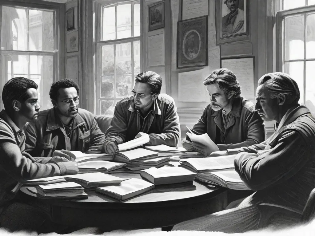 Descrição da imagem: Uma fotografia em preto e branco de um grupo de escritores sentados ao redor de uma mesa, imersos em uma conversa profunda. Seus rostos mostram determinação e paixão enquanto discutem literatura em meio ao caos da guerra. Livros e papéis estão espalhados pela mesa, simbolizando o poder das palavras para inspirar e unir mesmo em tempos de conflito