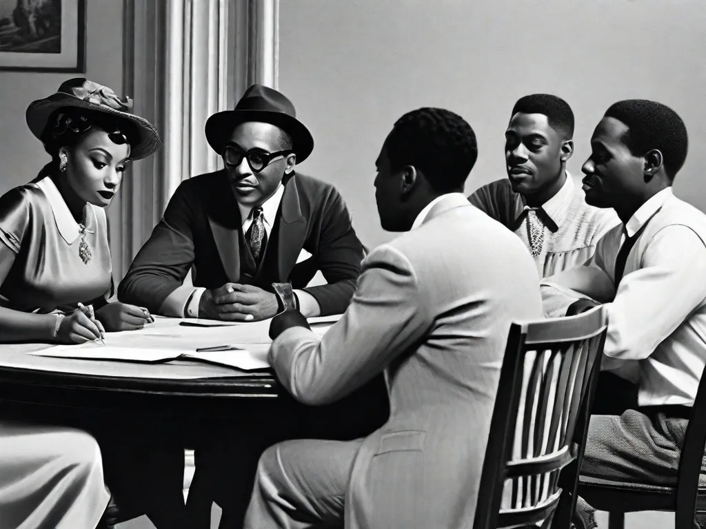 Uma imagem vibrante de uma estante de livros repleta de literatura clássica escrita por influentes autores negros durante o Renascimento do Harlem. Os livros estão altos, simbolizando o surgimento das vozes negras no mundo literário, exibindo o poder e a beleza de suas narrativas e contribuições para a literatura.