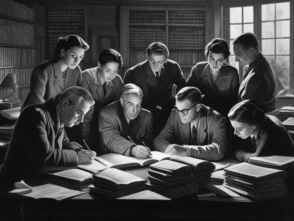 Uma fotografia em preto e branco captura um grupo de escritores reunidos em uma sala pouco iluminada. Seus rostos refletem uma mistura de determinação e medo, enquanto eles escrevem apaixonadamente palavras no papel. A imagem simboliza o poder da literatura durante a Segunda Guerra Mundial, já que esses escritores usam suas palavras para lutar contra a opressão e preservar