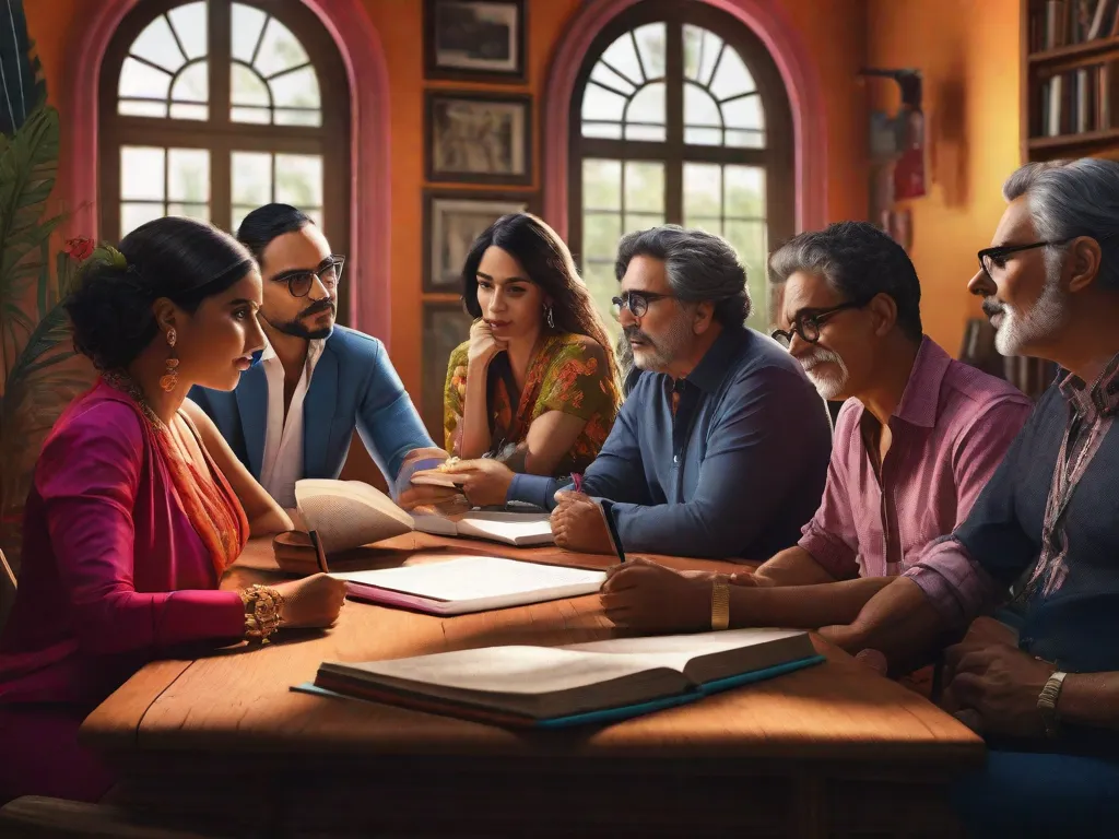 Uma imagem vibrante de um grupo de escritores latino-americanos reunidos ao redor de uma mesa, envolvidos em uma conversa profunda. O grupo diversificado reflete a rica tapeçaria cultural da região, com cada escritor exalando paixão e criatividade. Suas canetas e cadernos simbolizam o surgimento de vozes novas e inovadoras na literatura latino-americana.