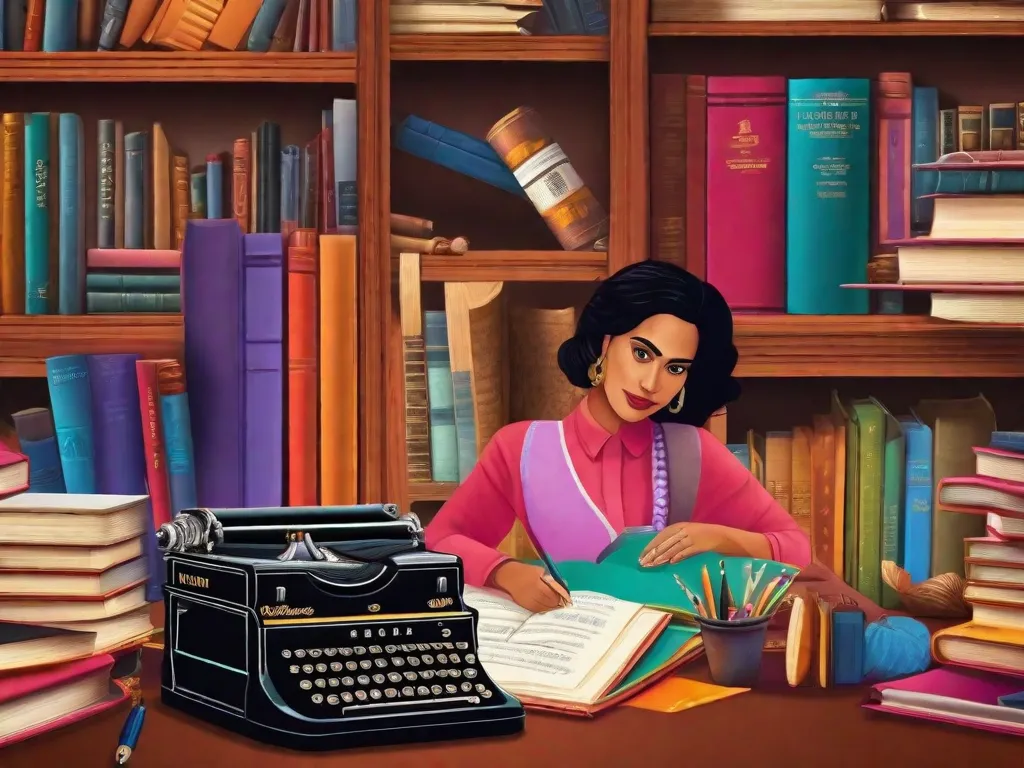Uma imagem vibrante de um grupo de escritores latino-americanos reunidos ao redor de uma mesa, envolvidos em uma conversa profunda. O grupo diversificado reflete a rica tapeçaria cultural da região, com cada escritor exalando paixão e criatividade. Suas canetas e cadernos simbolizam o surgimento de vozes novas e inovadoras na literatura latino-americana.