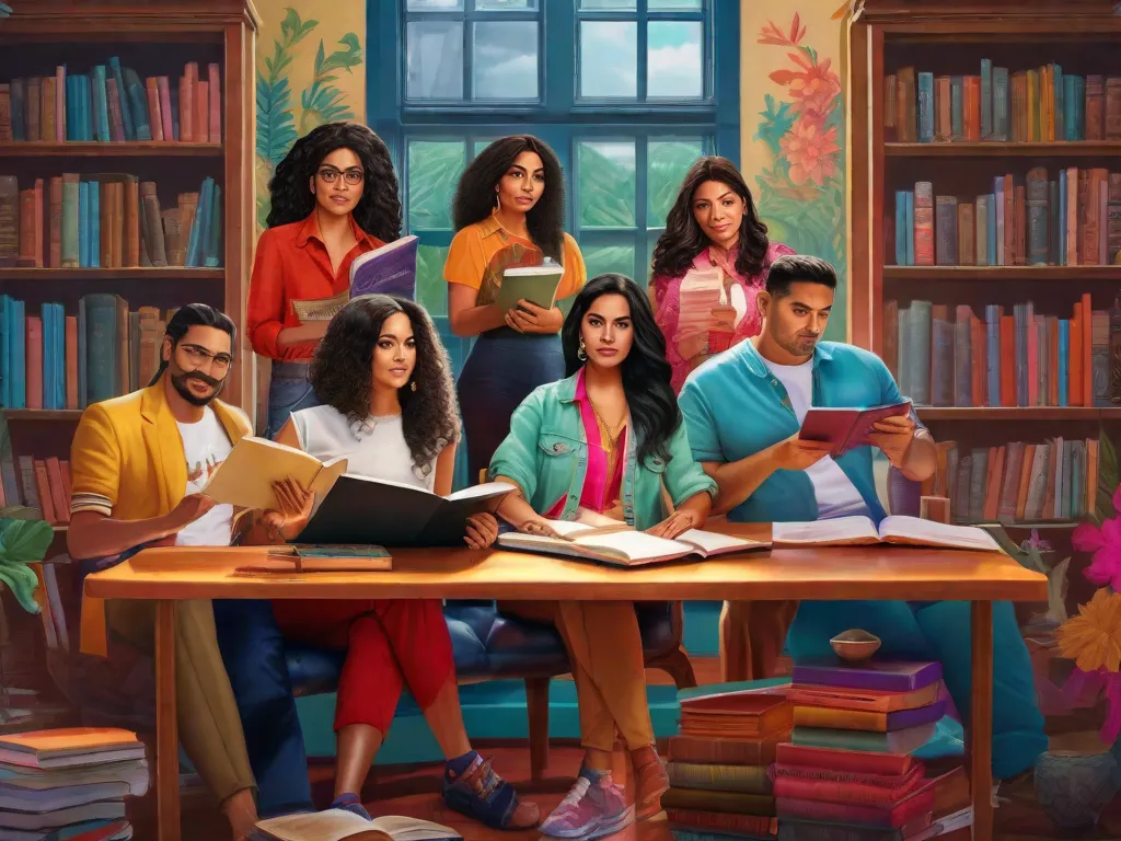 Uma imagem vibrante retrata um grupo de escritores latino-americanos diversos, cada um segurando uma caneta e um caderno, cercados por livros coloridos. Suas expressões exalam paixão e determinação enquanto compartilham suas histórias únicas, tecendo uma tapeçaria de inovação literária e vozes emergentes no cenário literário latino-americano.