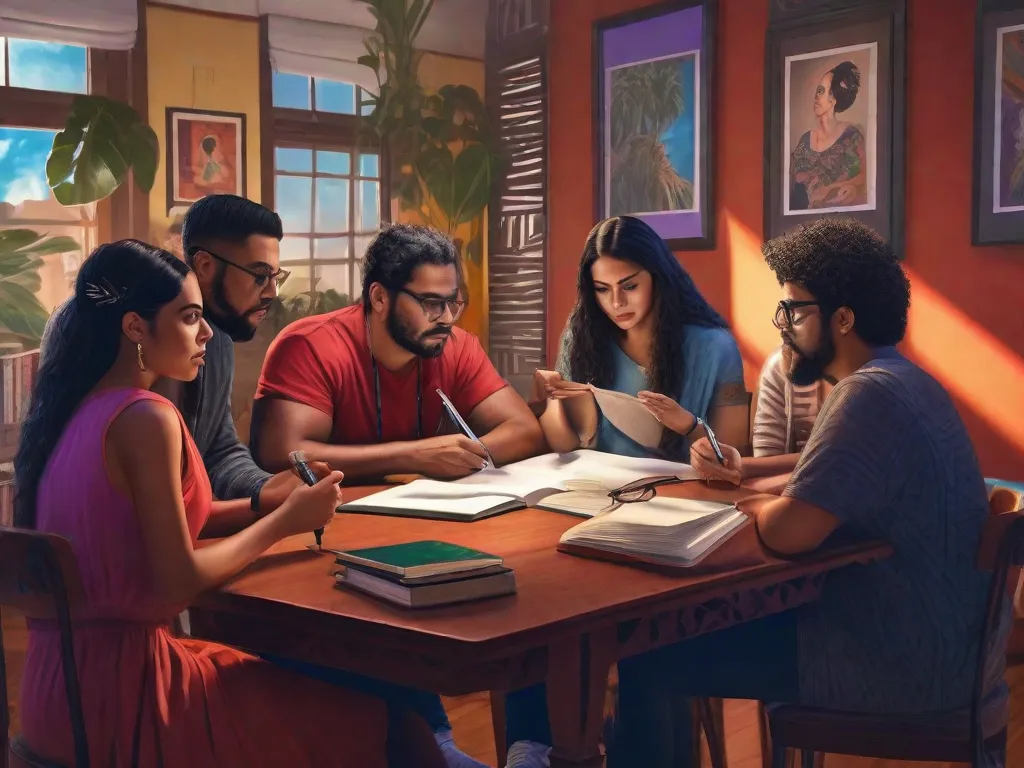 Uma imagem vibrante de um grupo de escritores latino-americanos diversos reunidos ao redor de uma mesa, envolvidos em discussões intensas. Cada escritor segura uma caneta e um caderno, mostrando seus estilos de escrita únicos. O ambiente está cheio de criatividade e inspiração, enquanto essas vozes emergentes moldam o futuro da literatura latino-americana.
