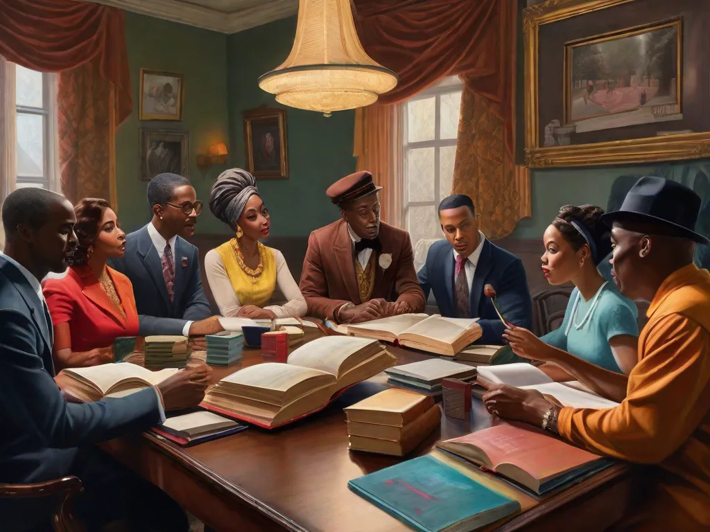 Na imagem, uma pintura vibrante retrata um grupo de influentes escritores negros da era do Renascimento de Harlem. Eles estão reunidos ao redor de uma mesa, envolvidos em discussões animadas, e seus livros estão espalhados pela mesa. A imagem captura a energia e a criatividade que surgiram nesse período, mostrando o poder das vozes negras na literatura.