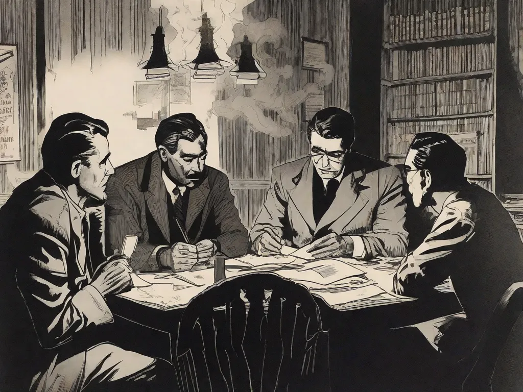 Em uma sala pouco iluminada, um grupo de escritores se reúne em torno de uma mesa coberta de papéis e penas de tinta manchadas. A fumaça de seus cigarros paira no ar, acrescentando à atmosfera clandestina. Com expressões intensas, eles se envolvem em discussões apaixonadas, compartilhando suas palavras e ideias proibidas, desafiando o regime opress