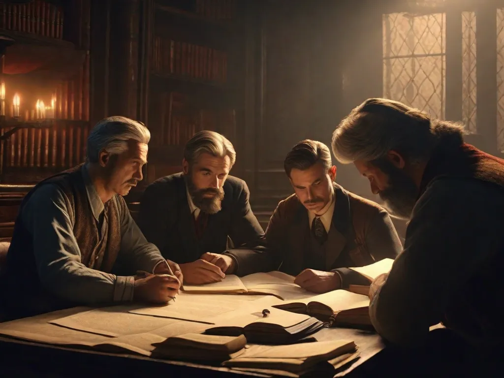 Em uma sala pouco iluminada, um grupo de escritores se aglomera ao redor de uma mesa coberta de papéis e manuscritos manchados de tinta. Seus rostos são iluminados pela luz tremeluzente das velas enquanto discutem literatura proibida, desafiando o regime opressor com suas palavras. Um símbolo de resistência e camaradagem intelectual na Rússia