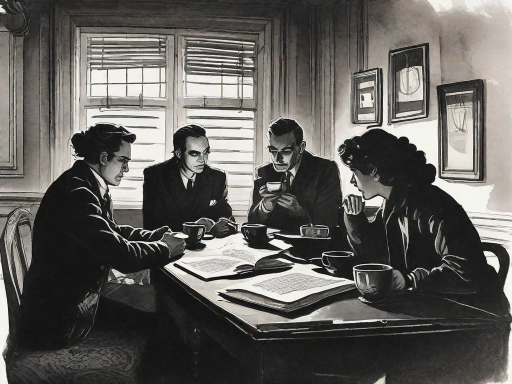 Em uma sala com pouca iluminação, um grupo de escritores se juntou, seus rostos ocultos pelas sombras. A mesa diante deles estava adornada com máquinas de escrever, manuscritos manchados de tinta e xícaras manchadas de café. Um sentimento de camaradagem e rebeldia enchia o ar enquanto sussurravam suas palavras proibidas, desafi