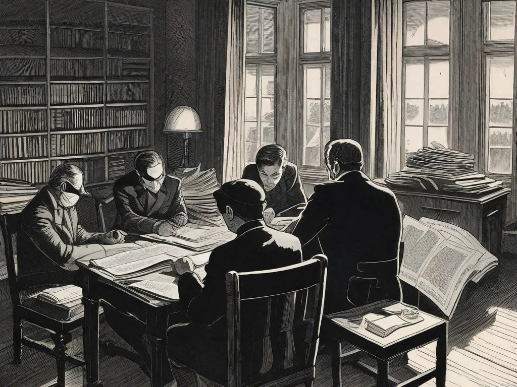 Em uma sala com pouca iluminação, um grupo de escritores se juntou, seus rostos ocultos pelas sombras. A mesa diante deles estava adornada com máquinas de escrever, manuscritos manchados de tinta e xícaras manchadas de café. Um sentimento de camaradagem e rebeldia enchia o ar enquanto sussurravam suas palavras proibidas, desafi
