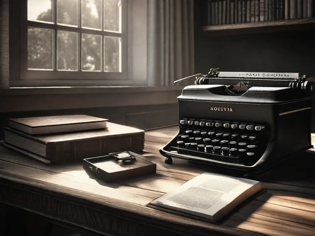 Uma fotografia em preto e branco de uma mesa de madeira rústica com uma antiga máquina de escrever sobre ela. Ao lado da mesa, há uma prateleira cheia de livros, incluindo