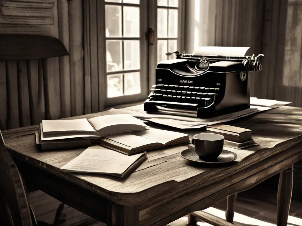 Uma imagem em preto e branco de uma mesa de madeira rústica, adornada com uma máquina de escrever vintage e uma pilha de livros bem desgastados. A luz do sol entra pela janela, lançando um brilho quente na cena. Essa imagem representa as raízes literárias de Graciliano Ramos no Nordeste do Brasil, capturando a essência de sua escrita e a r