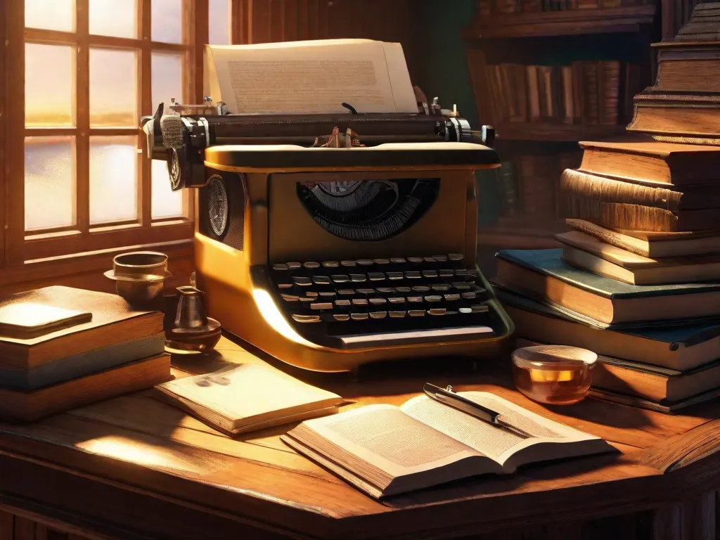 Uma imagem vibrante de uma mesa de madeira rústica, adornada com uma máquina de escrever vintage, cercada por pilhas de livros desgastados pelo tempo. Os raios quentes do sol do Nordeste atravessam uma janela aberta, lançando um brilho dourado nas páginas gastas, evocando o mundo literário de Graciliano Ramos e suas conexões profundas com a reg