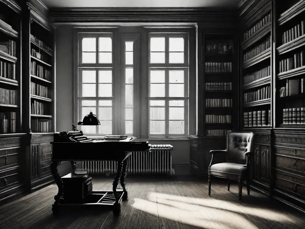 Descrição da imagem: Uma fotografia em preto e branco de uma escrivaninha vintage com uma máquina de escrever posicionada sobre ela. A escrivaninha está cercada por prateleiras repletas de livros antigos, dando a sensação de um estudo de escritor do século XIX. O ambiente está pouco iluminado, criando uma atmosfera de criatividade e solidão.