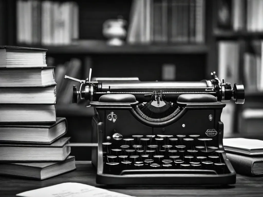 Descrição: Uma fotografia em preto e branco de uma máquina de escrever vintage em cima de uma mesa de madeira. A máquina de escrever está cercada por uma pilha de livros, uma xícara de café e um bloco de notas com anotações escritas à mão. A imagem captura a essência do espaço de trabalho de um escritor, simbolizando o surgimento dos ensaios como uma forma literária