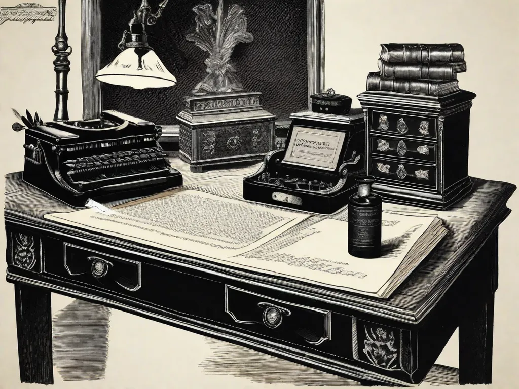 Descrição da imagem: Uma fotografia em preto e branco de uma escrivaninha vintage decorada com penas de escrever, frascos de tinta e pilhas de manuscritos envelhecidos. A escrivaninha é iluminada por uma lâmpada fraca, lançando uma luz suave nos detalhes intricados da escrivaninha. Uma máquina de escrever fica próxima, simbolizando a transição dos mét