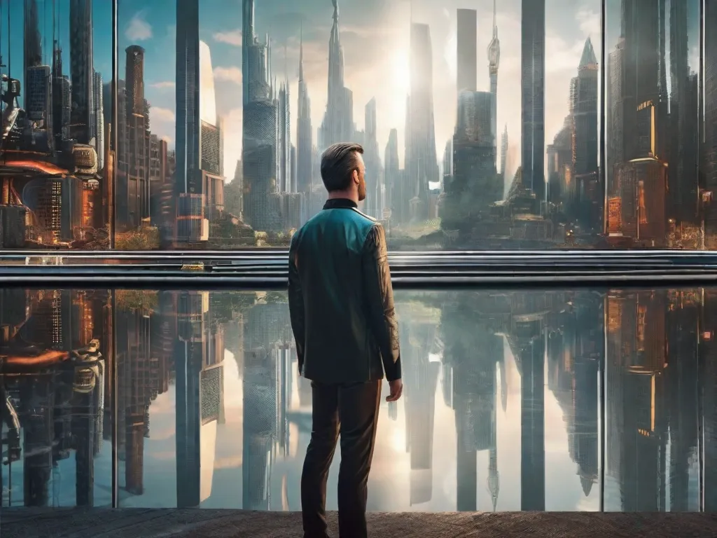 Na imagem, um homem está em pé na frente de um espelho, mas em vez do seu reflexo, ele vê uma versão alternativa de si mesmo em uma paisagem urbana futurista. Os dois mundos são representados lado a lado, representando as realidades paralelas exploradas nos romances de ficção científica de Philip K. Dick e sua influência na ficção científica moderna.