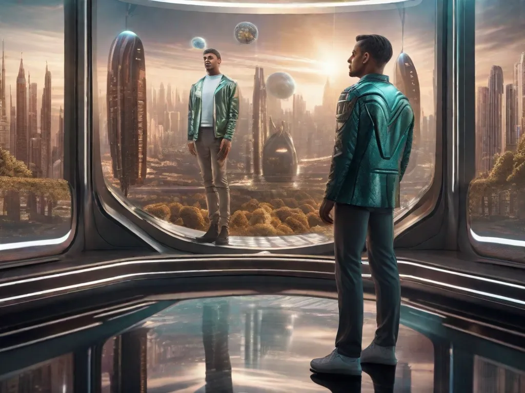 Na imagem, um homem está em pé na frente de um espelho, mas em vez do seu reflexo, ele vê uma versão alternativa de si mesmo em uma paisagem urbana futurista. Os dois mundos são representados lado a lado, representando as realidades paralelas exploradas nos romances de ficção científica de Philip K. Dick e sua influência na ficção científica moderna.