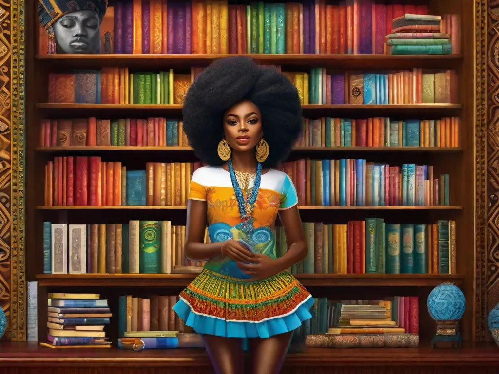 Uma imagem de uma estante de livros vibrante, repleta de literatura afro-brasileira, adornada com padrões e símbolos coloridos inspirados na cultura Yoruba. Os livros representam a rica tapeçaria de histórias, poesias e peças teatrais que foram influenciadas pela cultura Yoruba, celebrando seu profundo impacto na literatura afro-brasileira.
