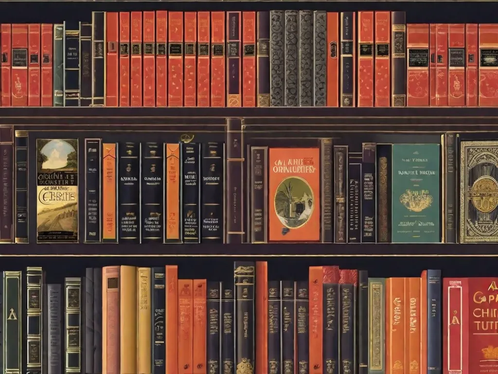 A imagem retrata uma estante de livros cheia de obras de Agatha Christie, com capas intrigantes e títulos sugestivos. Ao fundo, uma lupa dourada simboliza a astúcia dos personagens da autora. Essa imagem ilustra o impacto duradouro de Agatha Christie no gênero de suspense, suas histórias envolventes e seu legado como a rainha do crime.