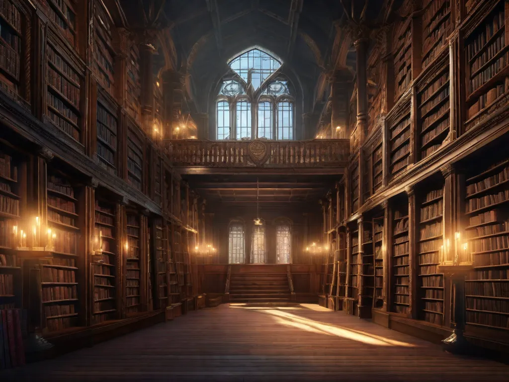 Descrição da imagem: Uma estante majestosa e antiga se ergue alta em uma biblioteca com pouca iluminação. As prateleiras estão cheias de livros desgastados, cada um representando um personagem épico diferente da literatura. Os livros estão abertos, revelando ilustrações intricadas e anotações escritas à mão, simbolizando a análise e a exploração dessas jornadas her
