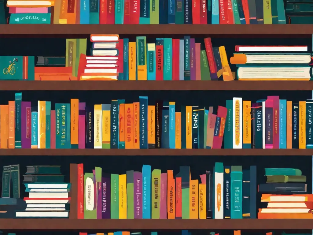 Descrição da Imagem: Uma estante de livros cheia de livros de autoajuda, representando o impacto e a crítica da literatura de autoajuda. Os livros têm capas vibrantes, exibindo títulos como