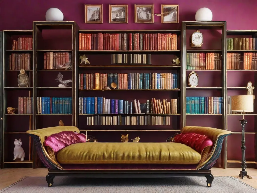 Uma foto de uma estante de livros lindamente adornada, cheia de livros de contos de fadas, cada um com um design de capa único e contemporâneo. As cores vibrantes e a tipografia elegante retratam o toque moderno dado a essas histórias clássicas, convidando os leitores a explorar um novo mundo de contos de fadas reimaginados.