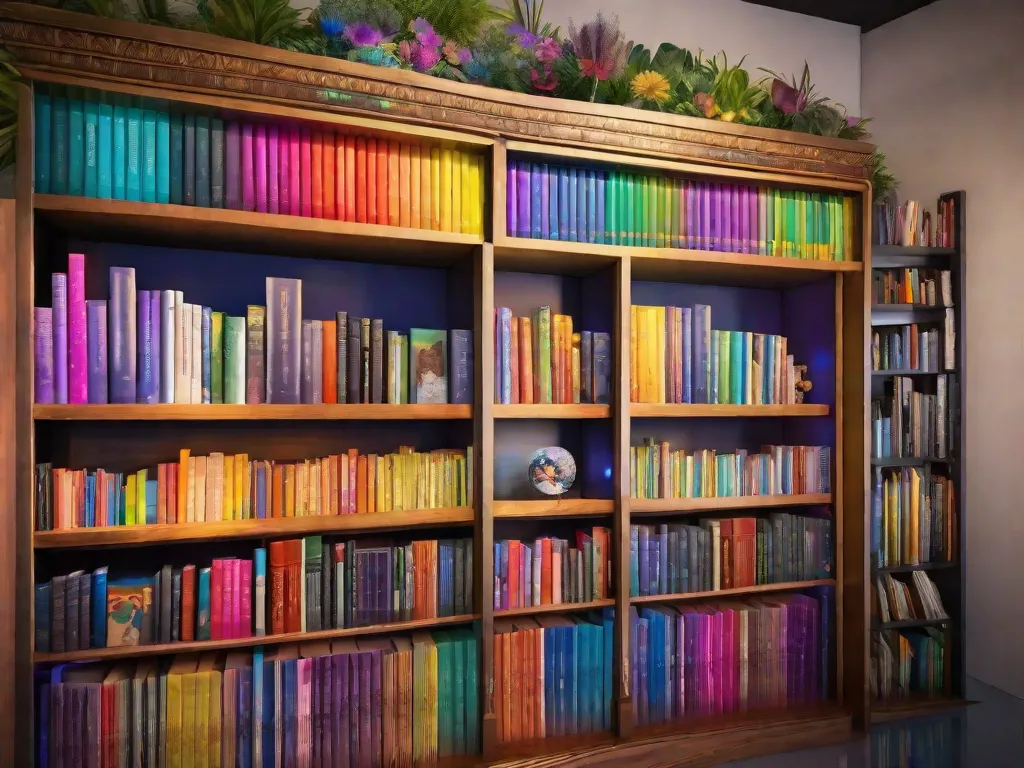 Descrição da imagem:
Uma estante de livros vibrante e diversa, cheia de livros de várias cores, tamanhos e gêneros. Entre eles, há livros com lombadas coloridas em arco-íris, representando a literatura LGBTQ+. Esses livros se destacam, simbolizando a importante contribuição da literatura LGBTQ+ na promoção da diversidade cultural.