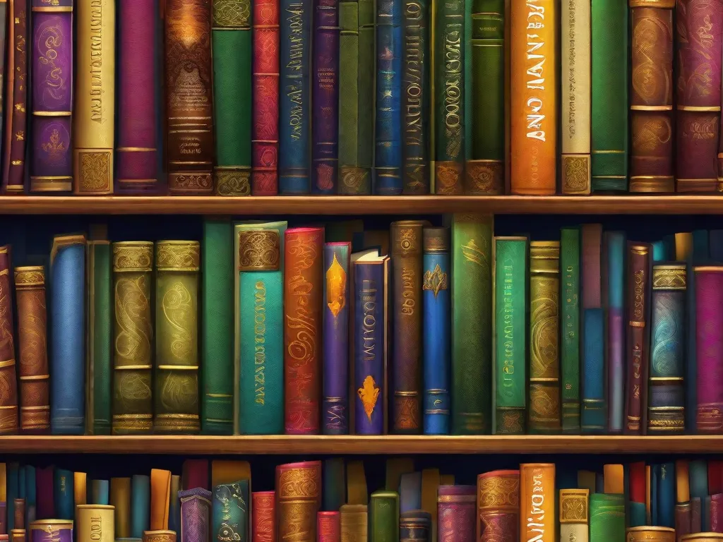 Uma estante de livros vibrante, repleta de encantadores romances de fantasia escritos por autores brasileiros. As coloridas lombadas retratam criaturas míticas, reinos mágicos e aventuras épicas, convidando os leitores a mergulharem em um mundo de imaginação e encanto. O ressurgimento da literatura de fantasia no Brasil é celebrado através dessa imagem cativ